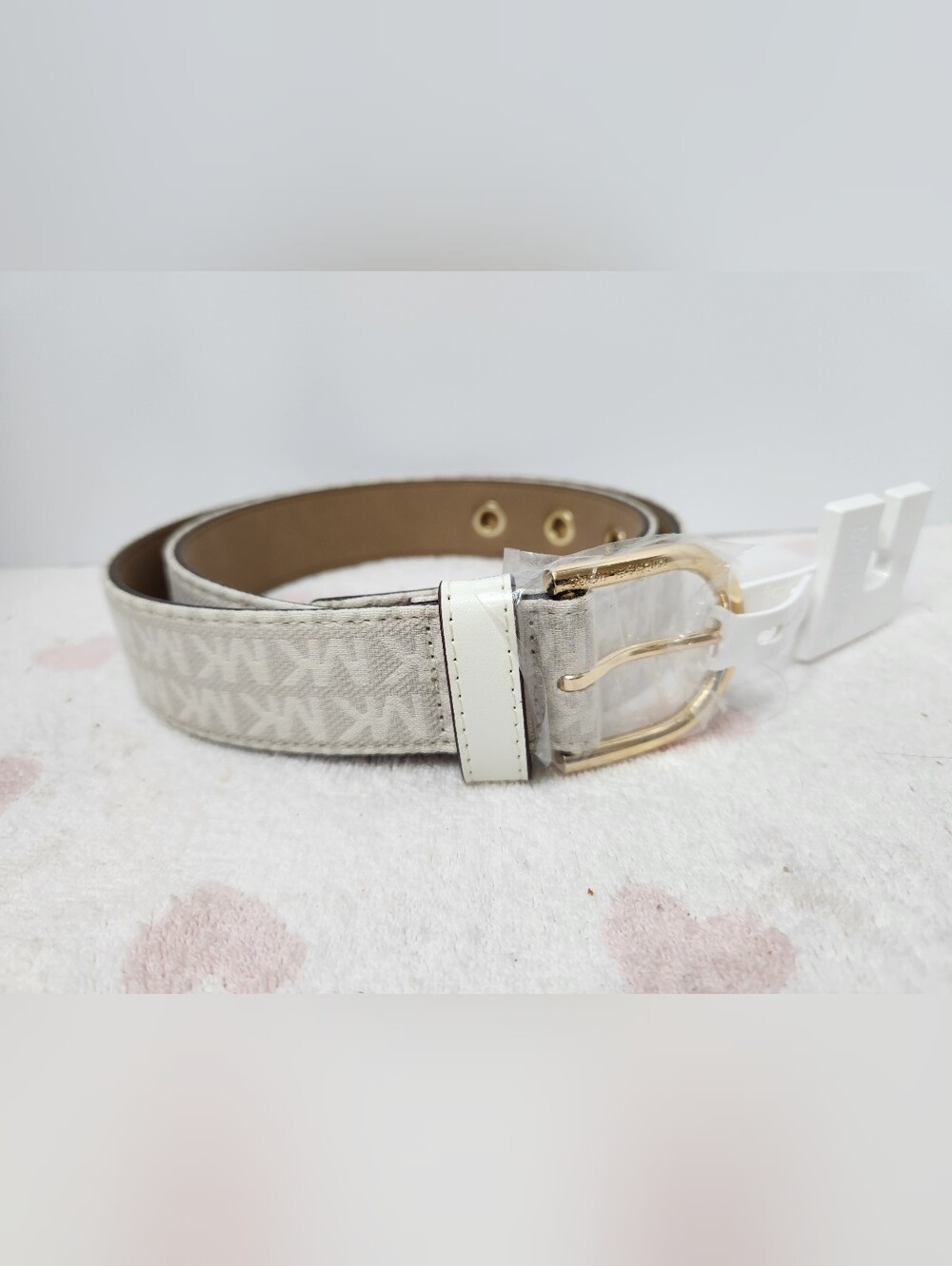 Michael Kors Beige Signature Logo Belt with White Trim and Gold Buckle